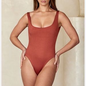 brand new monday swimwear  sardenia wide rib one piece in copper